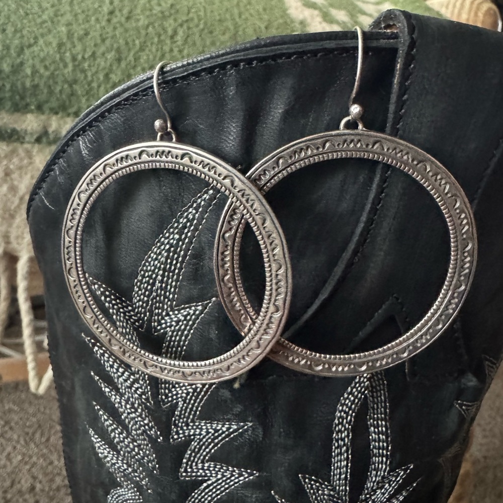 Ornate Silver Hoop Earrings with Textured Design